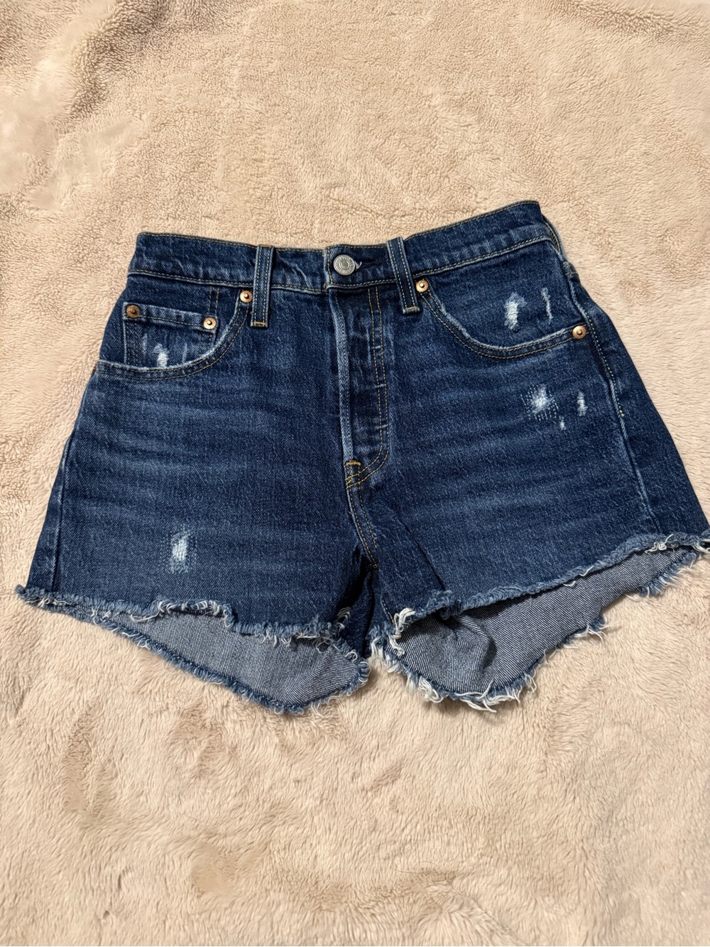 Levi's Dark Blue Frayed Hem Denim Shorts